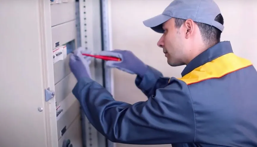 Elektrik&aacute;ř se &scaron;roubov&aacute;kem u rozvaděče